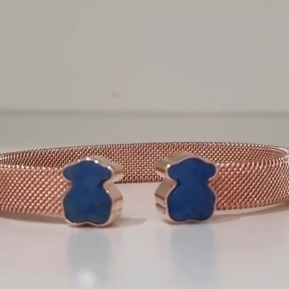 Tous Rose IP Steel Mesh Color Cuff Bracelet With Lapis Lazuli